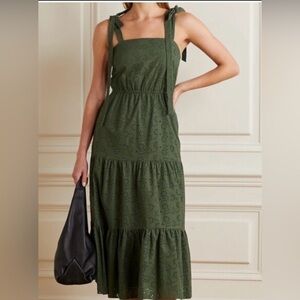 JASON WU Baby Doll Cotton  Embroidered Tiered MAXI Dress Olive Green LARGE